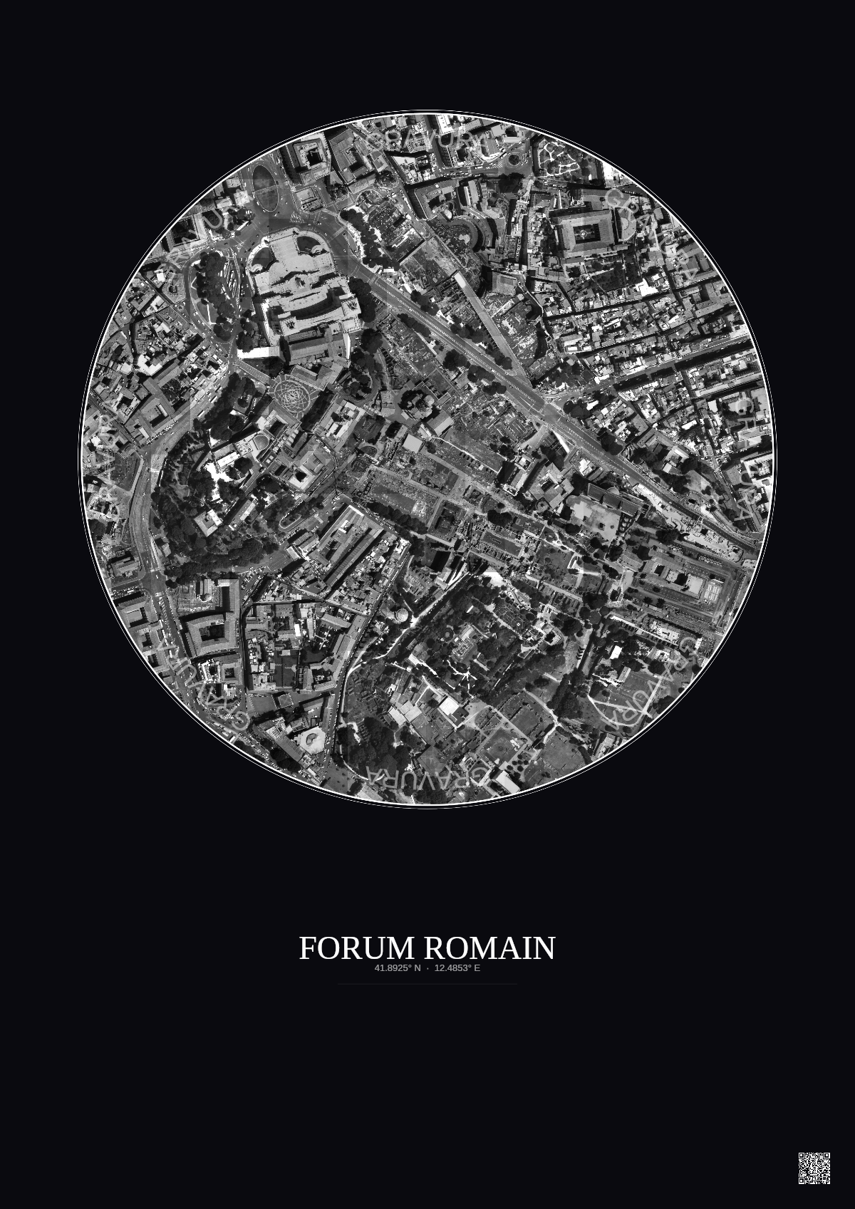 Affiche Forum Romain – Poster vue satellite 0.5km N&B | Gravura – Fond foncé