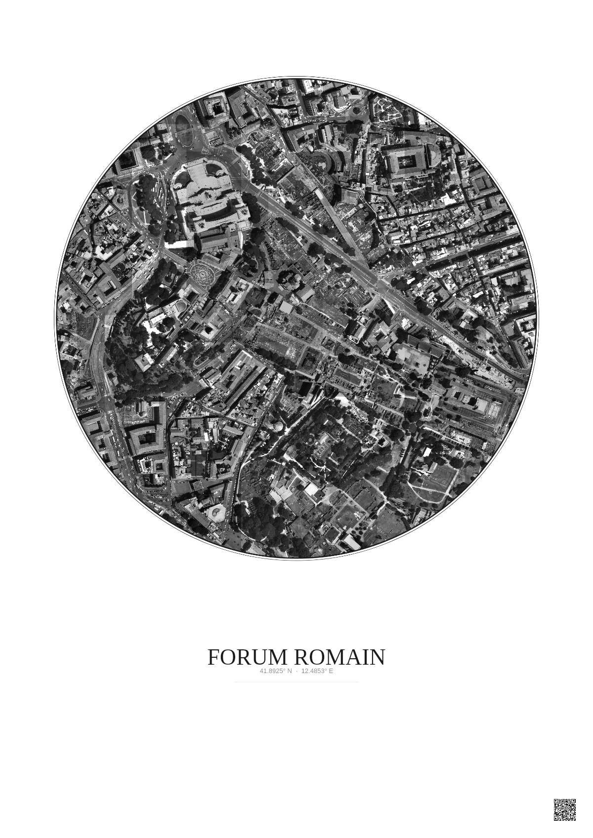 Affiche Forum Romain – Poster vue satellite 0.5km N&B | Gravura – Fond clair