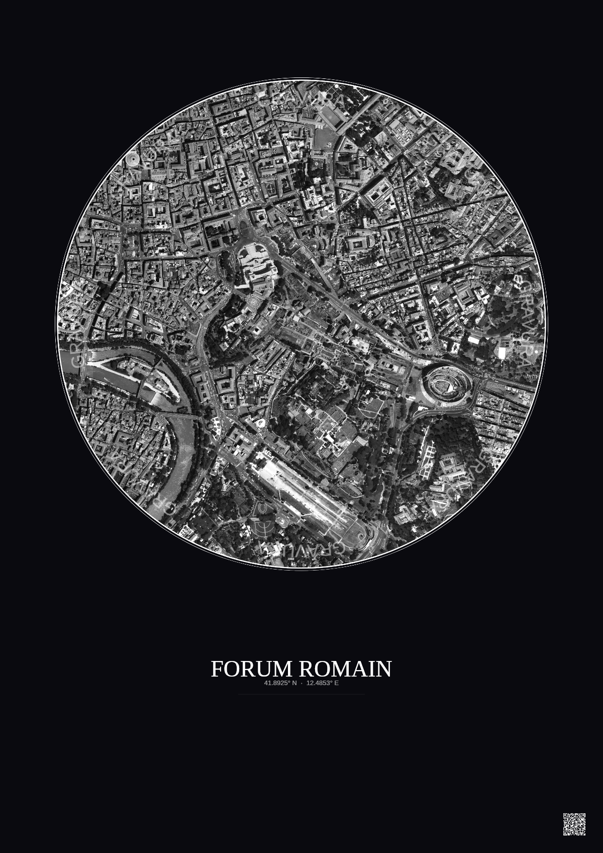 Affiche Forum Romain – Poster vue satellite 1km N&B | Gravura – Fond foncé
