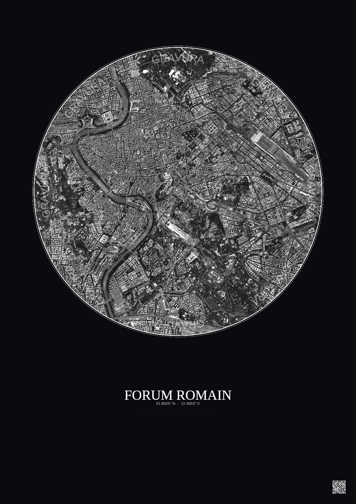 Affiche Forum Romain – Poster vue satellite 2.5km N&B | Gravura – Fond foncé