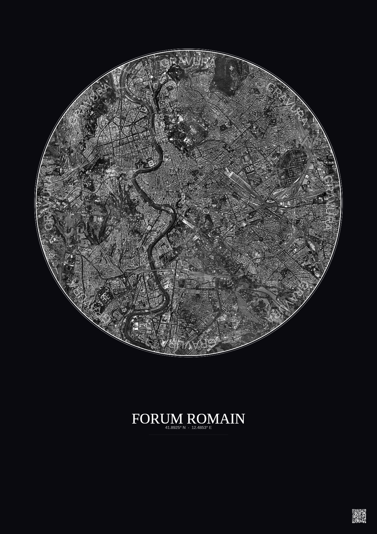 Affiche Forum Romain – Poster vue satellite 5km N&B | Gravura – Fond foncé