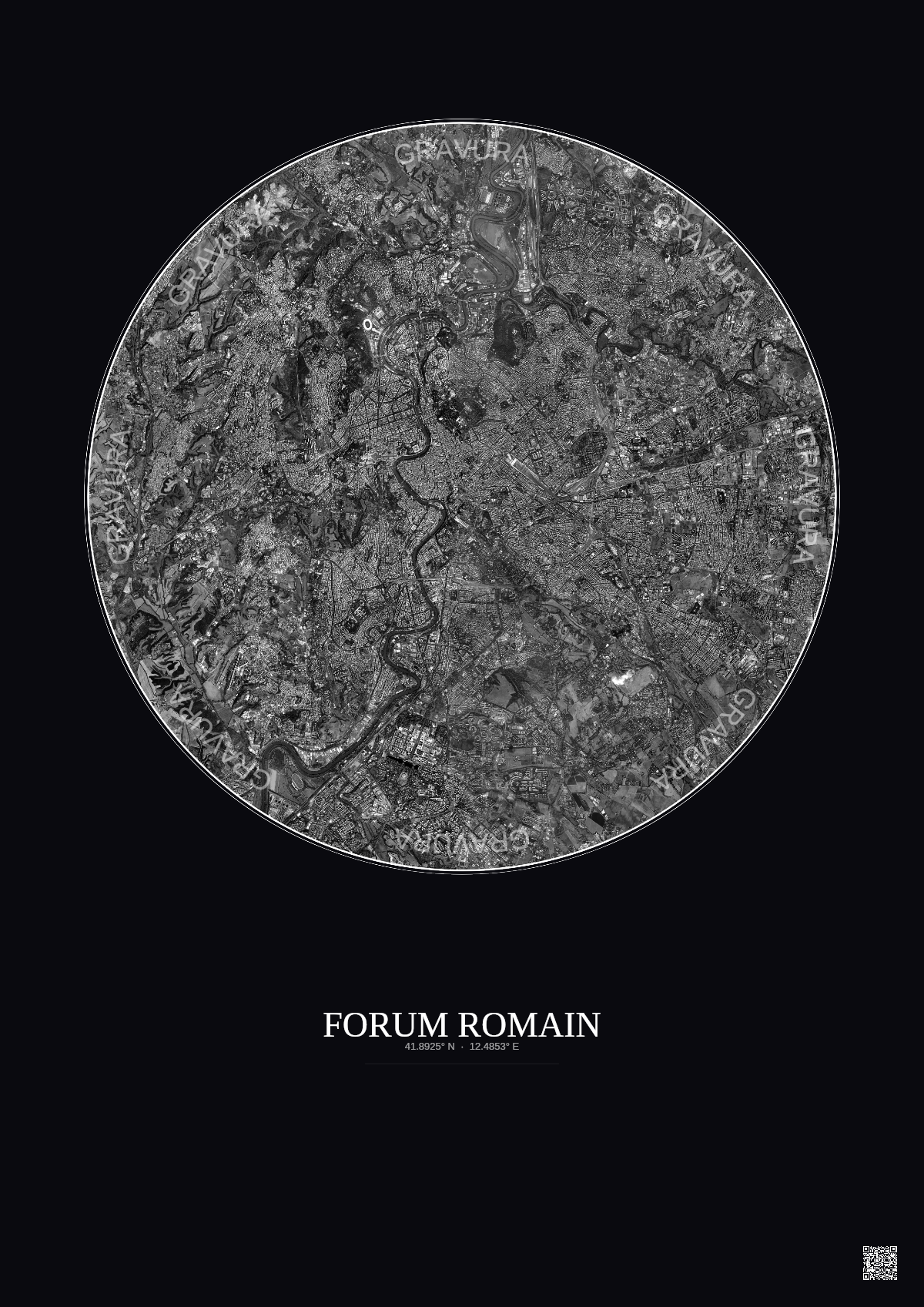 Affiche Forum Romain – Poster vue satellite 10km N&B | Gravura – Fond foncé