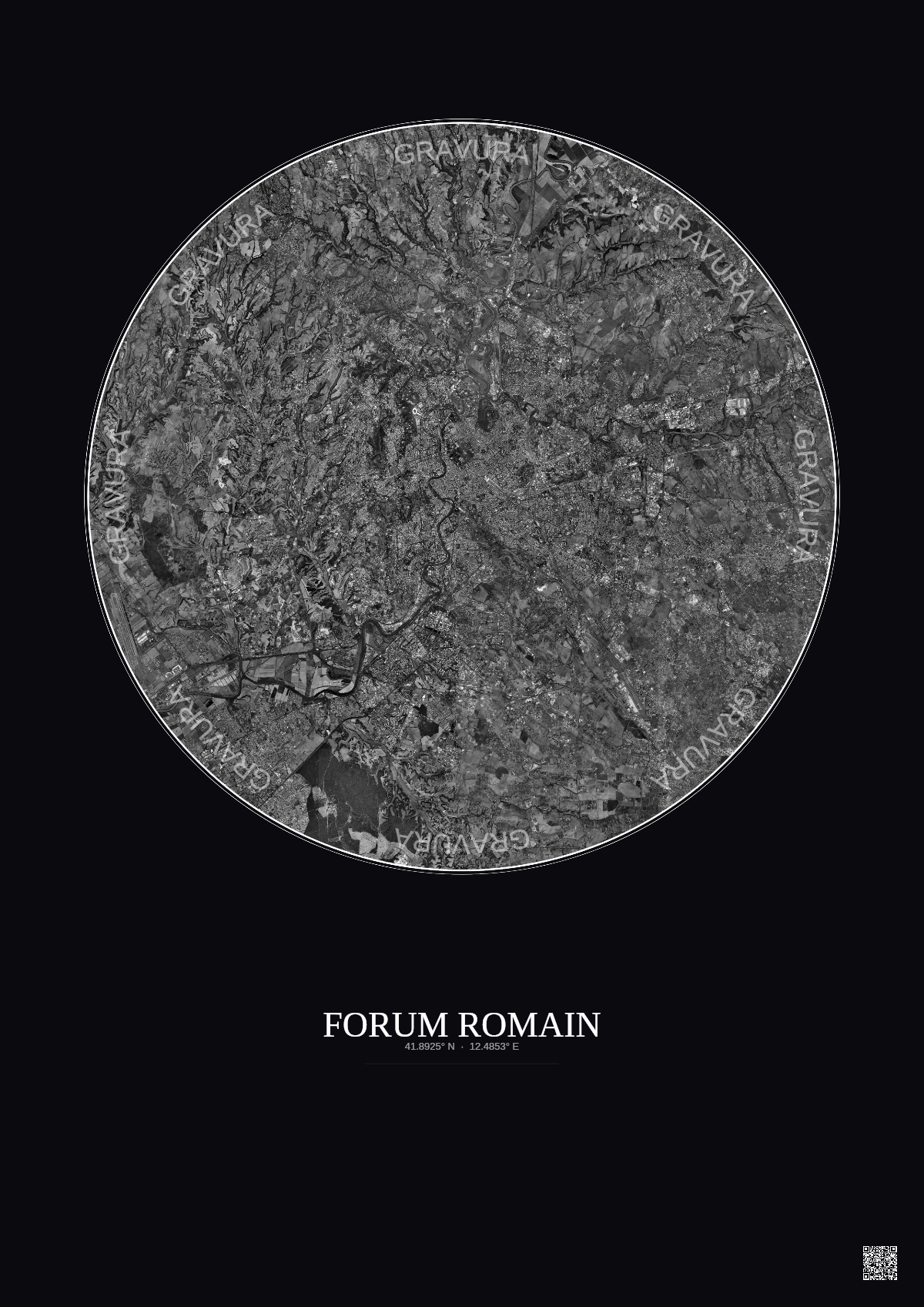 Affiche Forum Romain – Poster vue satellite 20km N&B | Gravura – Fond foncé