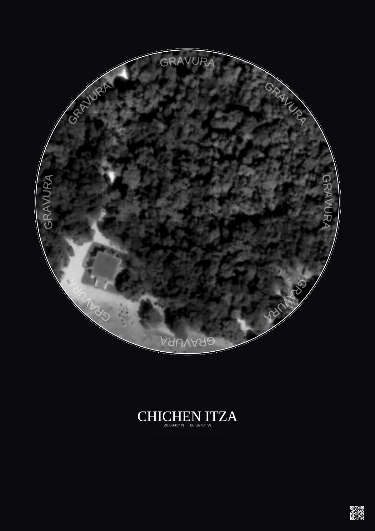 Affiche Chichen Itza – Poster vue satellite 0.1km N&B | Gravura – Fond foncé