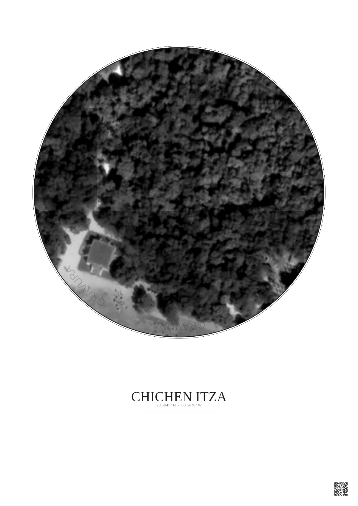 Affiche Chichen Itza – Poster vue satellite 0.1km N&B | Gravura – Fond clair