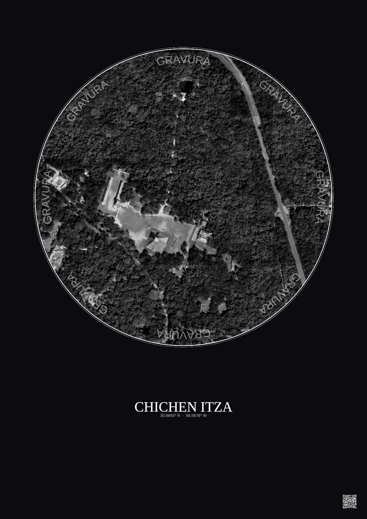 Affiche Chichen Itza – Poster vue satellite 0.5km N&B | Gravura – Fond foncé