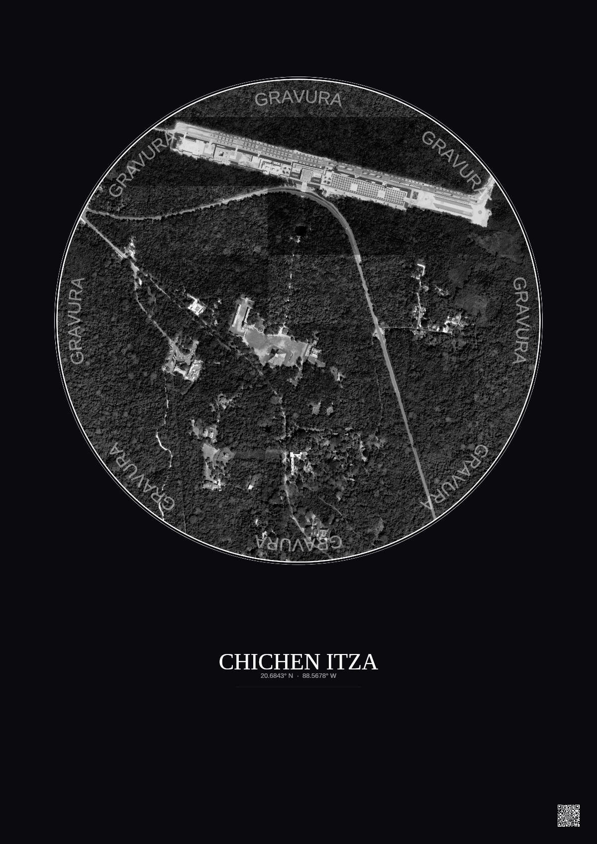 Affiche Chichen Itza – Poster vue satellite 1km N&B | Gravura – Fond foncé
