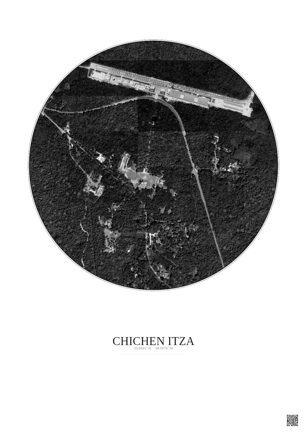 Affiche Chichen Itza – Poster vue satellite 1km N&B | Gravura – Fond clair