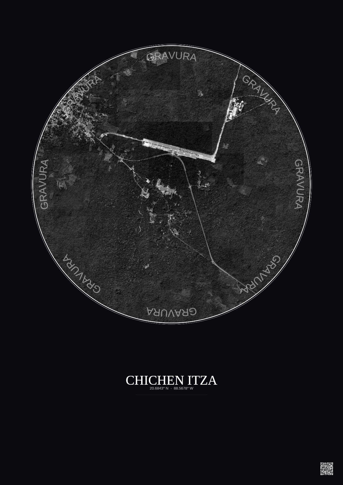 Affiche Chichen Itza – Poster vue satellite 2.5km N&B | Gravura – Fond foncé