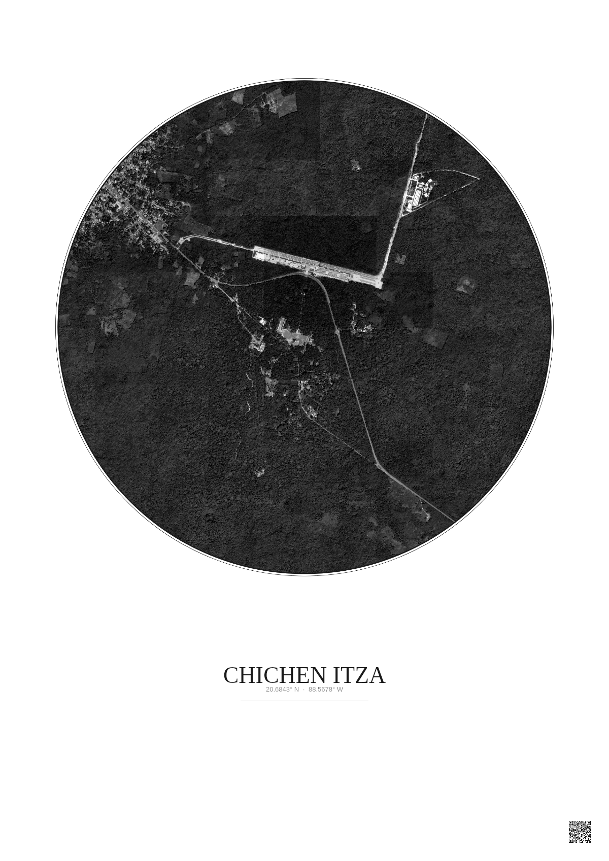 Affiche Chichen Itza – Poster vue satellite 2.5km N&B | Gravura – Fond clair