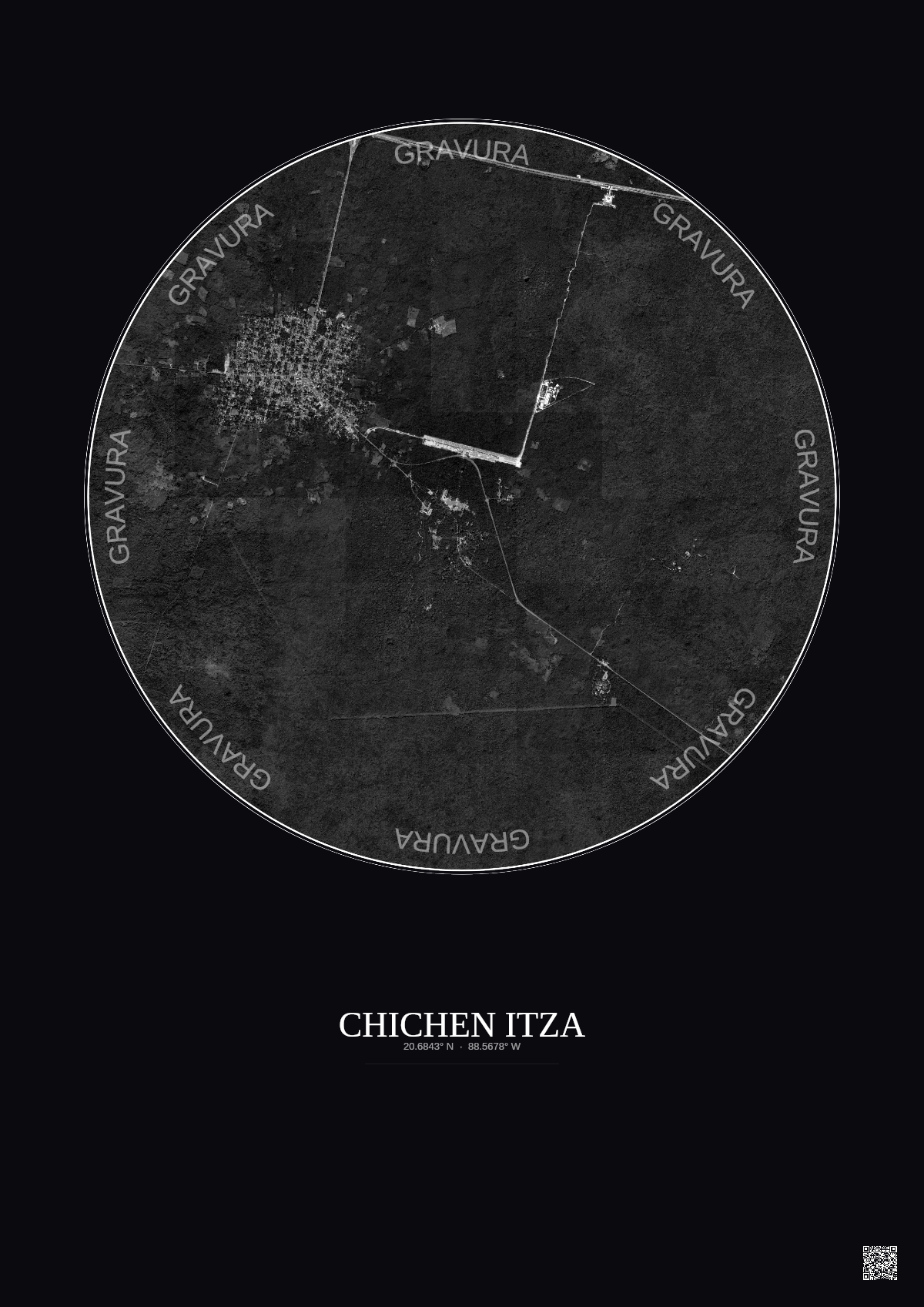 Affiche Chichen Itza – Poster vue satellite 5km N&B | Gravura – Fond foncé