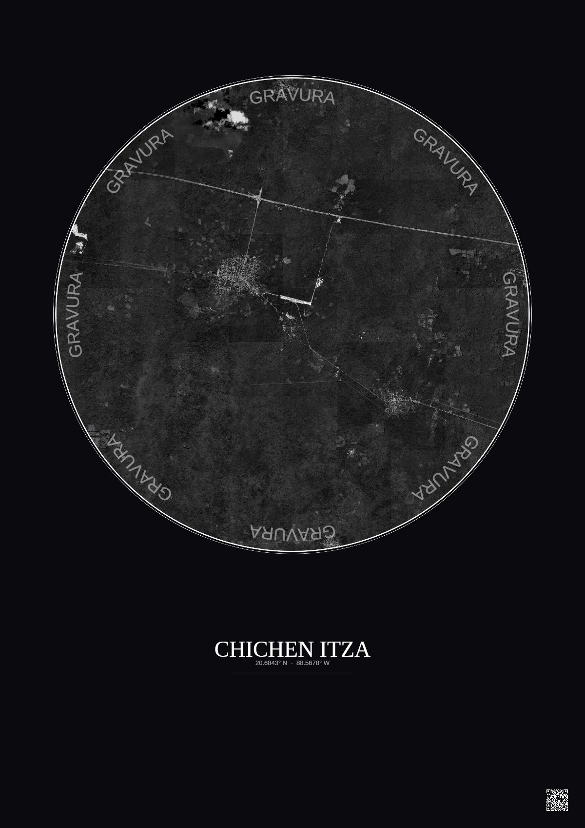 Affiche Chichen Itza – Poster vue satellite 10km N&B | Gravura – Fond foncé
