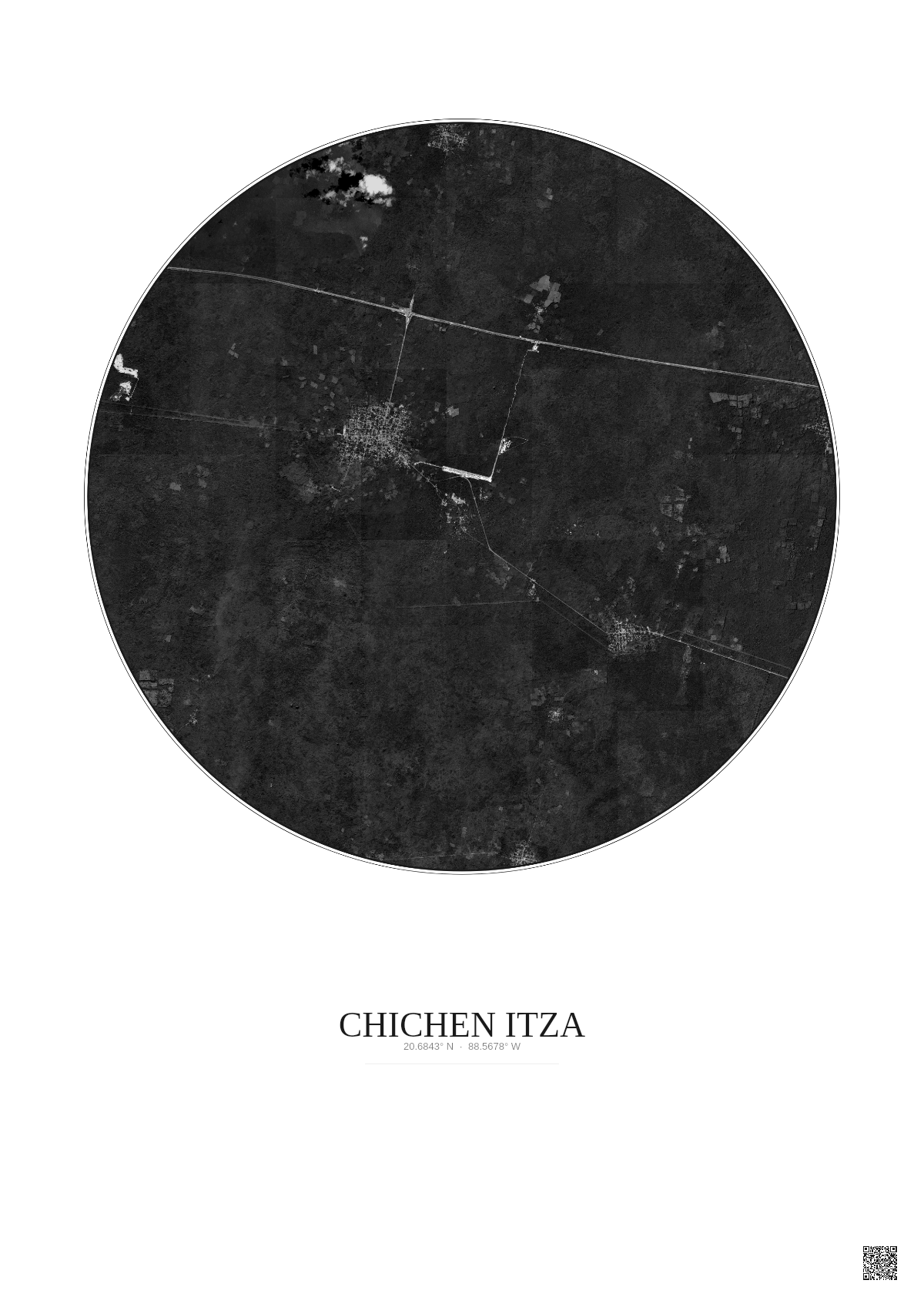 Affiche Chichen Itza – Poster vue satellite 10km N&B | Gravura – Fond clair