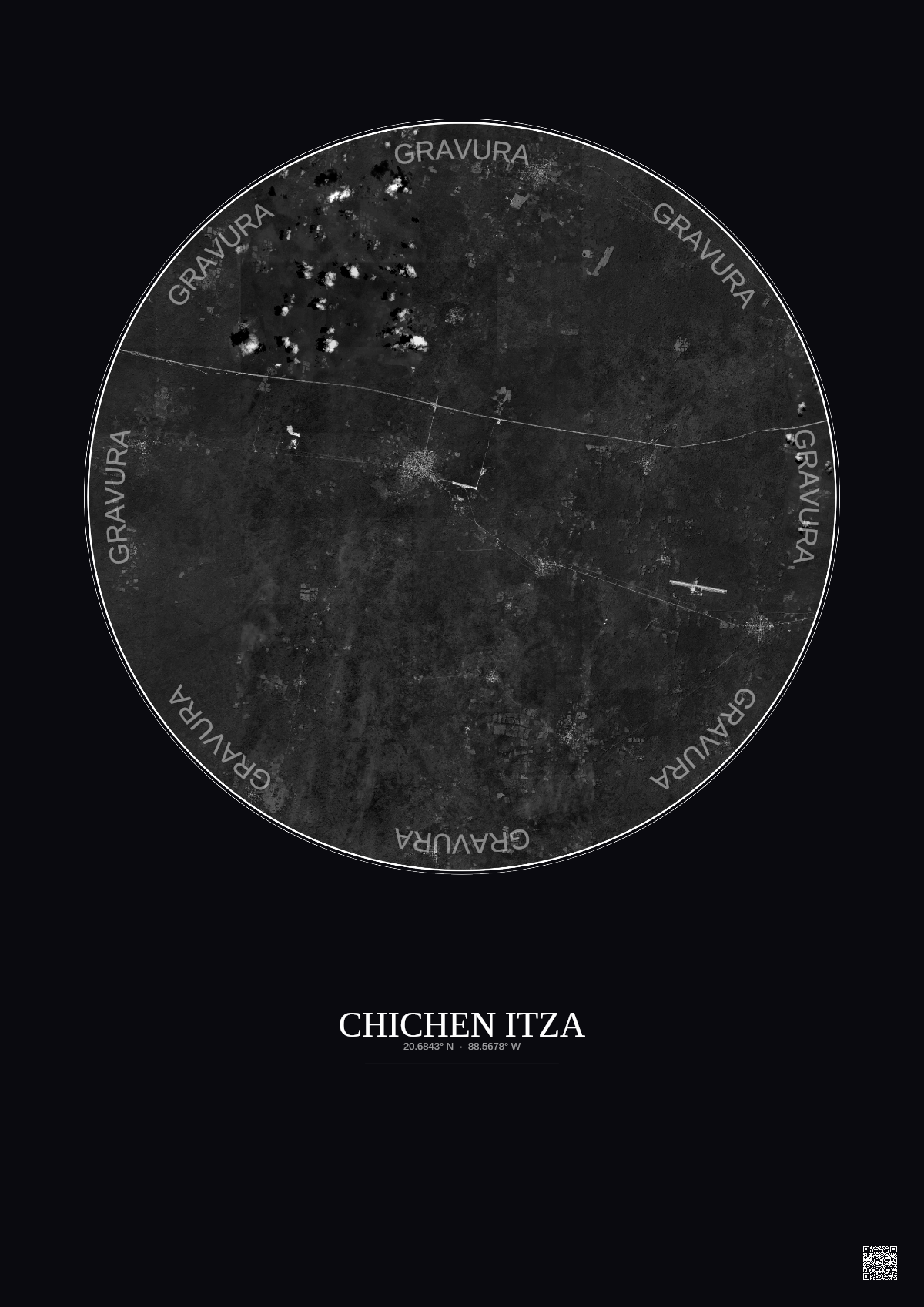 Affiche Chichen Itza – Poster vue satellite 20km N&B | Gravura – Fond foncé