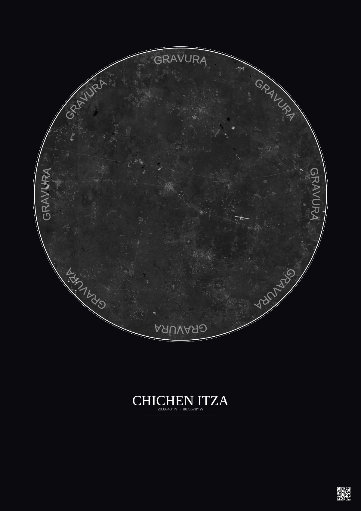 Affiche Chichen Itza – Poster vue satellite 30km N&B | Gravura – Fond foncé