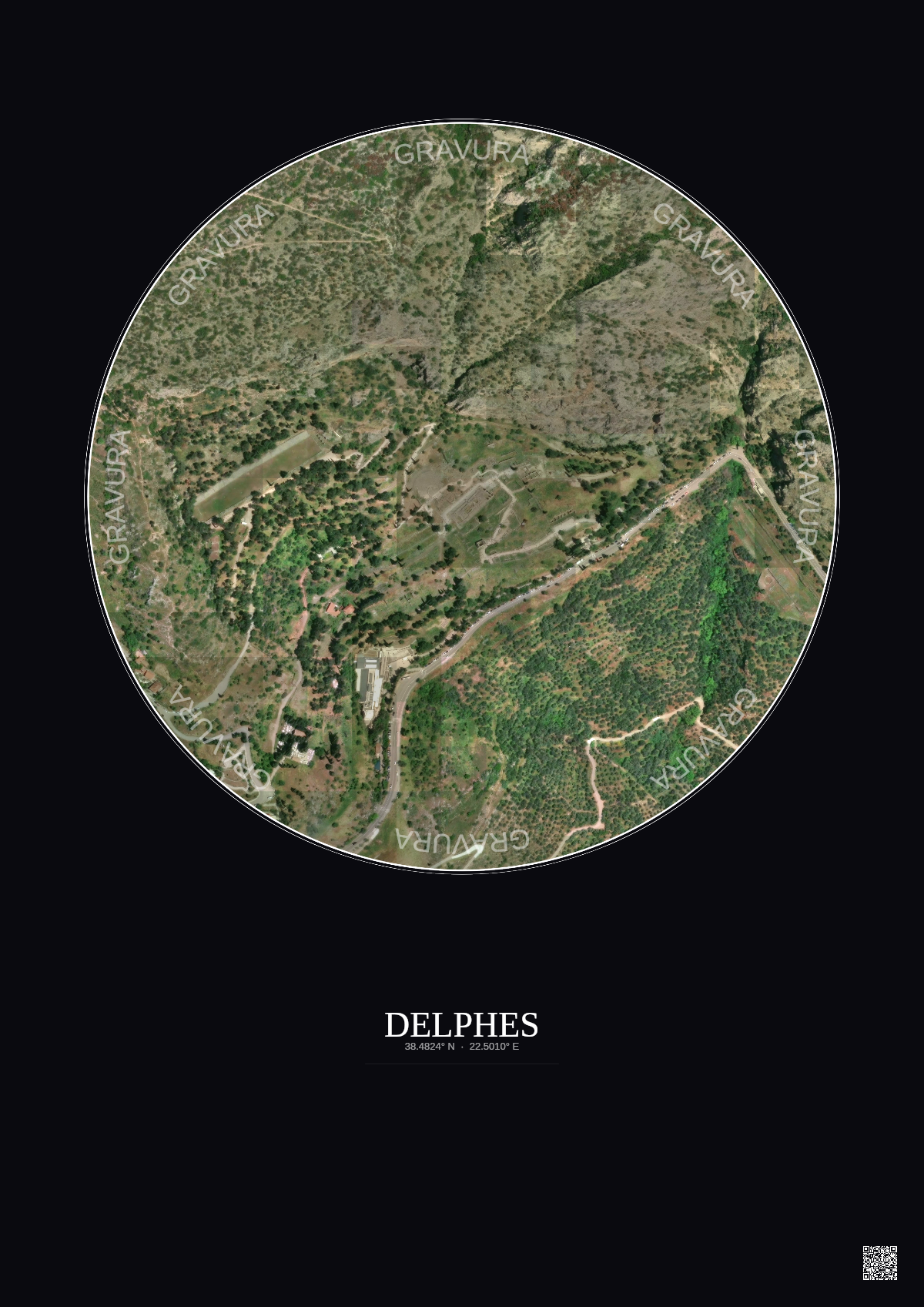 Affiche Delphes – Poster vue satellite 0.5km Couleur | Gravura – Fond foncé