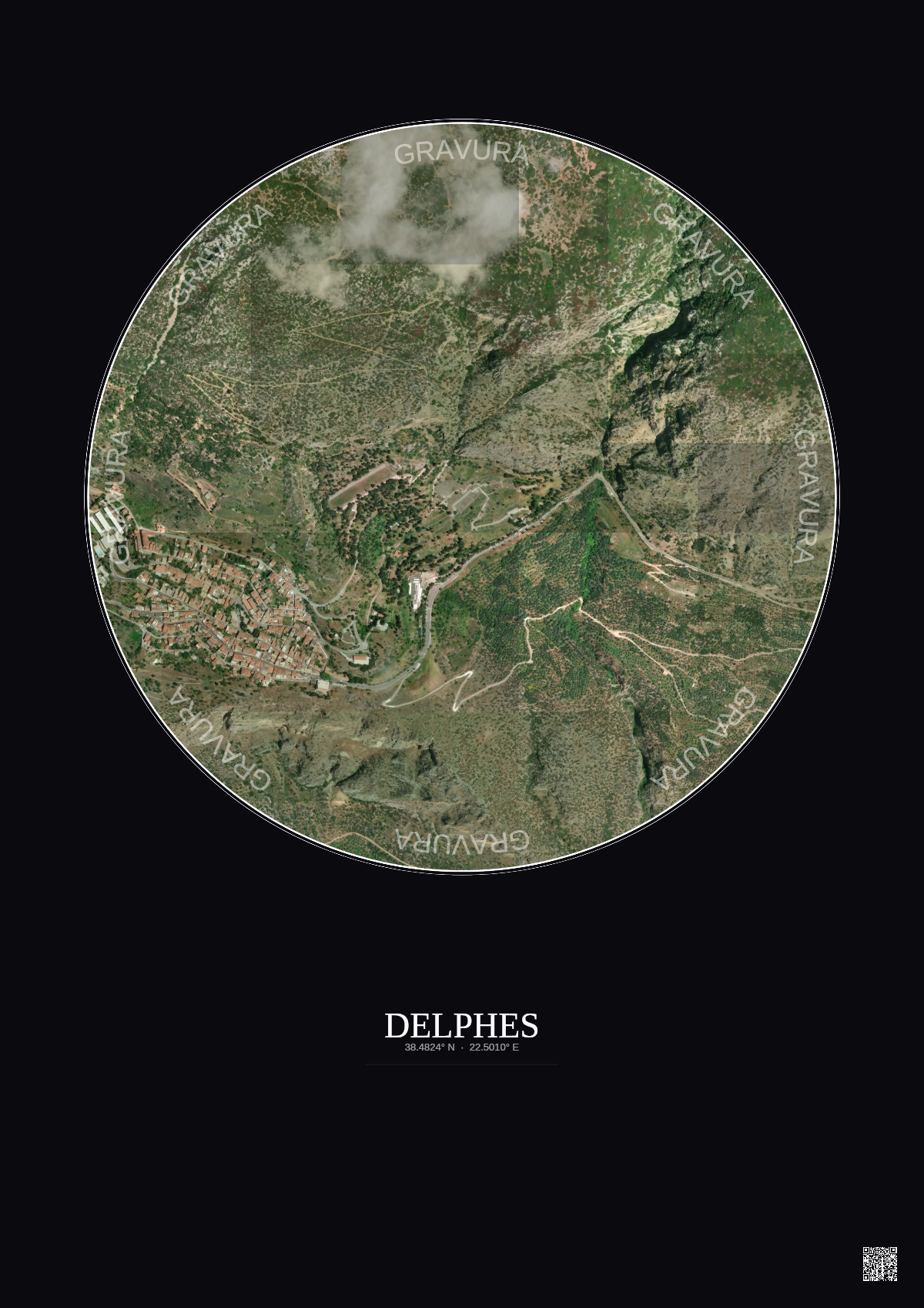 Affiche Delphes – Poster vue satellite 1km Couleur | Gravura – Fond foncé