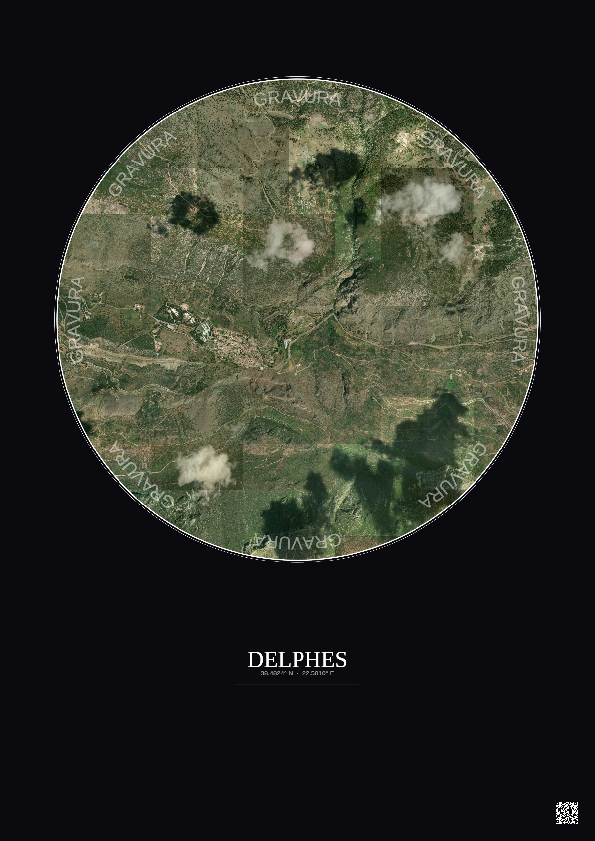 Affiche Delphes – Poster vue satellite 2.5km Couleur | Gravura – Fond foncé
