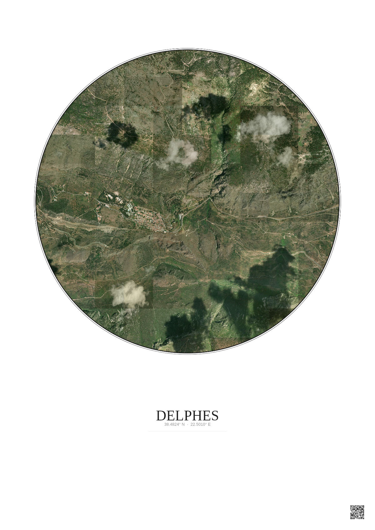 Affiche Delphes – Poster vue satellite 2.5km Couleur | Gravura – Fond clair