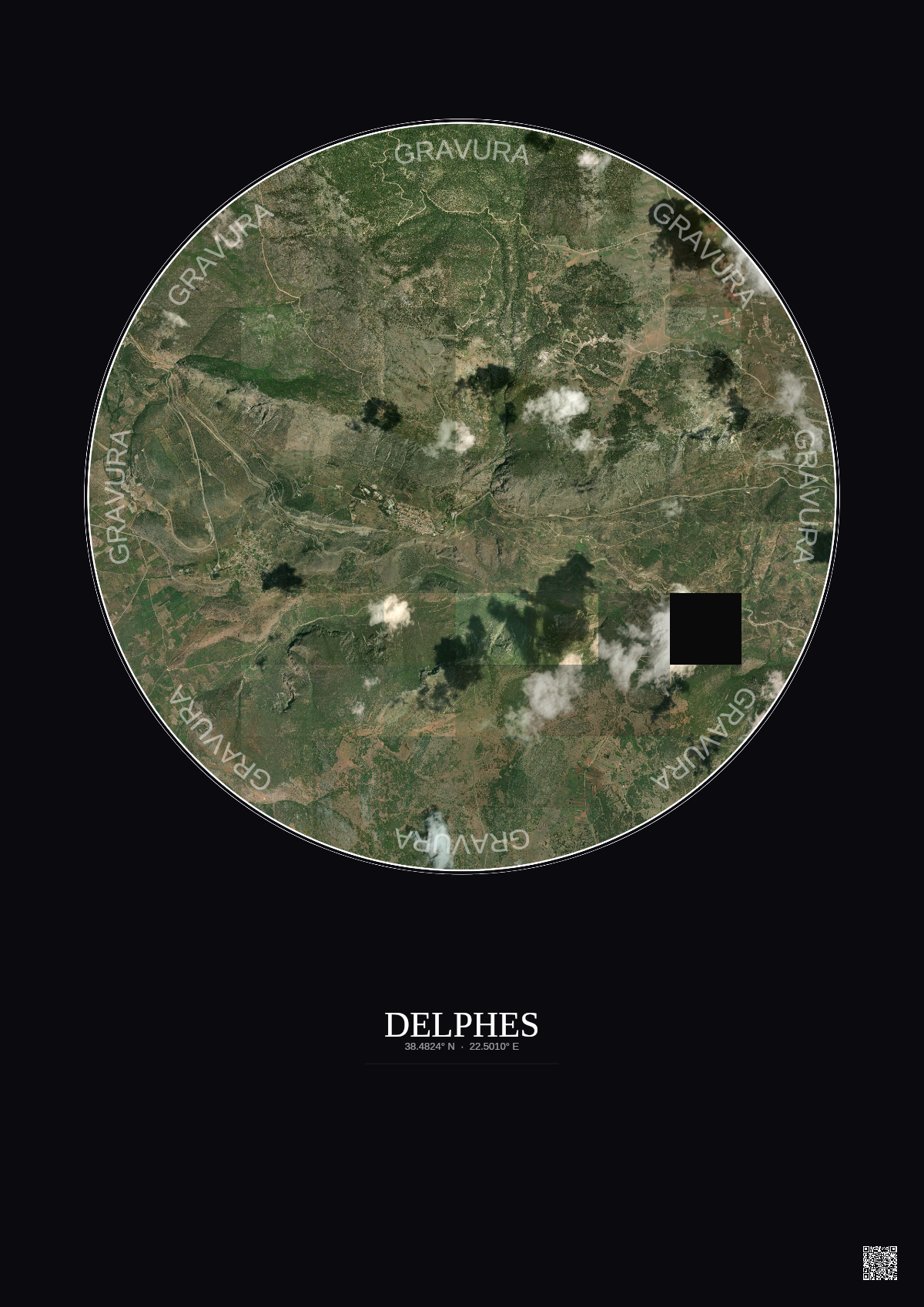 Affiche Delphes – Poster vue satellite 5km Couleur | Gravura – Fond foncé