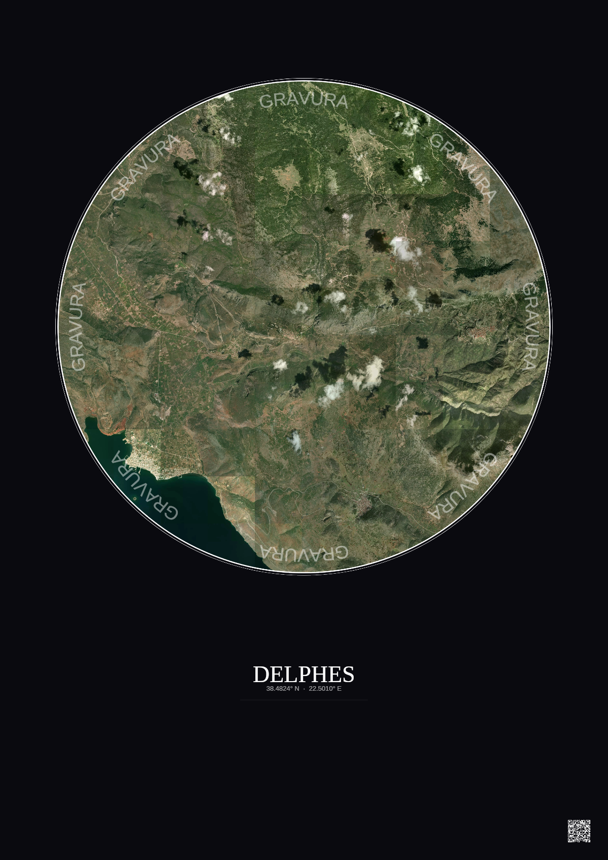 Affiche Delphes – Poster vue satellite 10km Couleur | Gravura – Fond foncé
