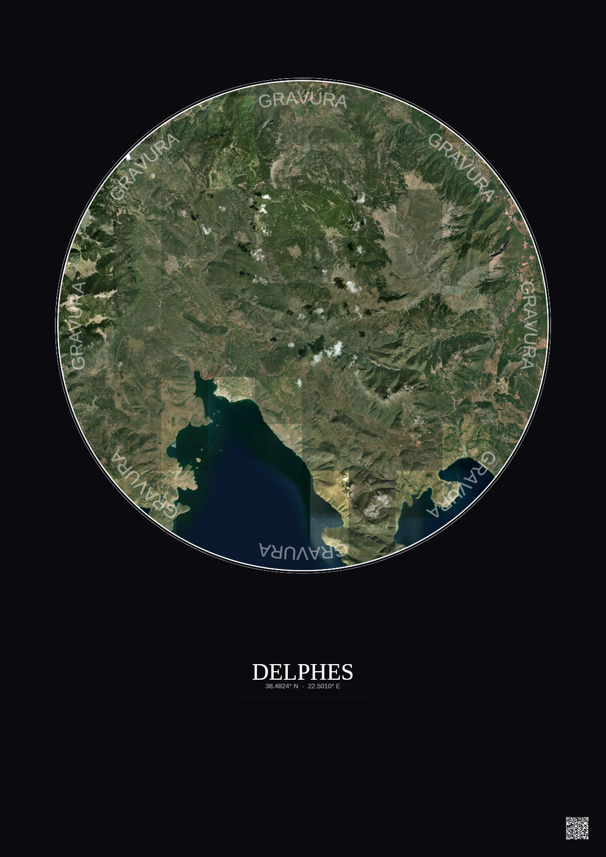 Affiche Delphes – Poster vue satellite 20km Couleur | Gravura – Fond foncé