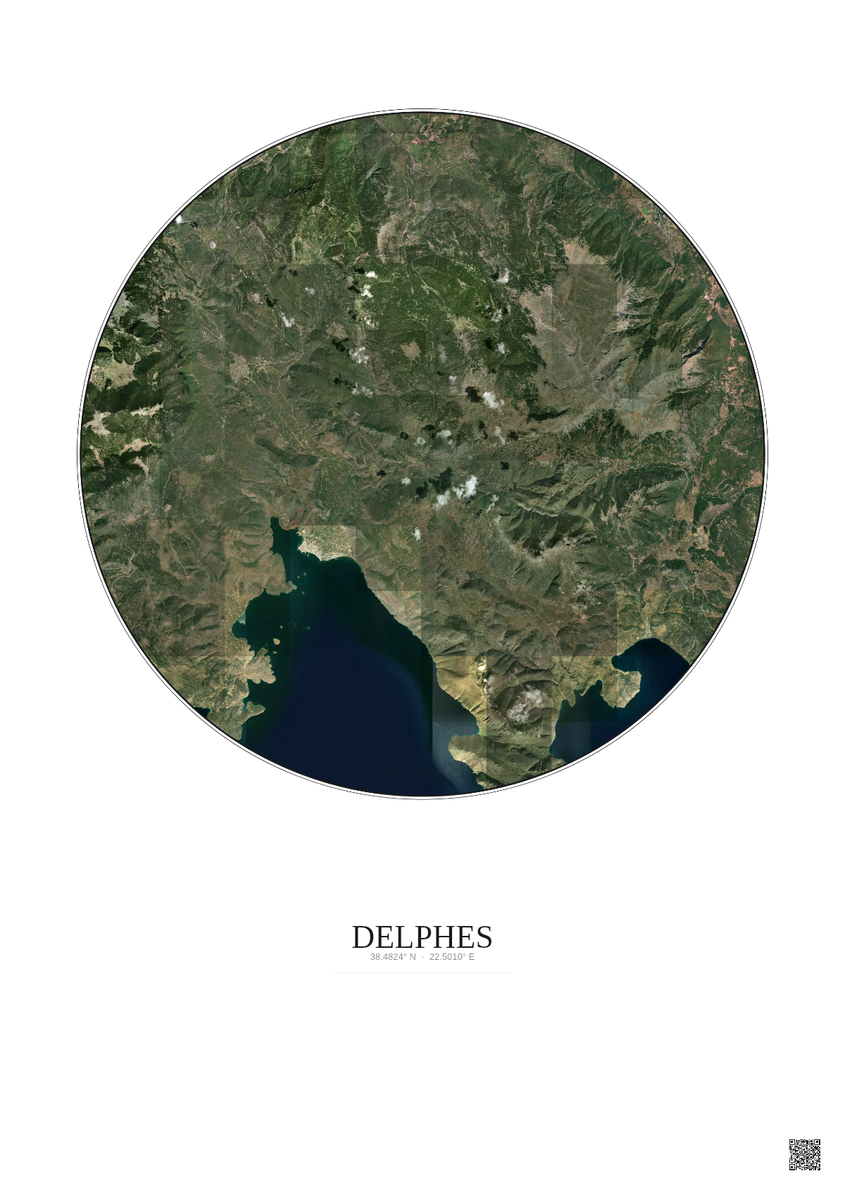 Affiche Delphes – Poster vue satellite 20km Couleur | Gravura – Fond clair