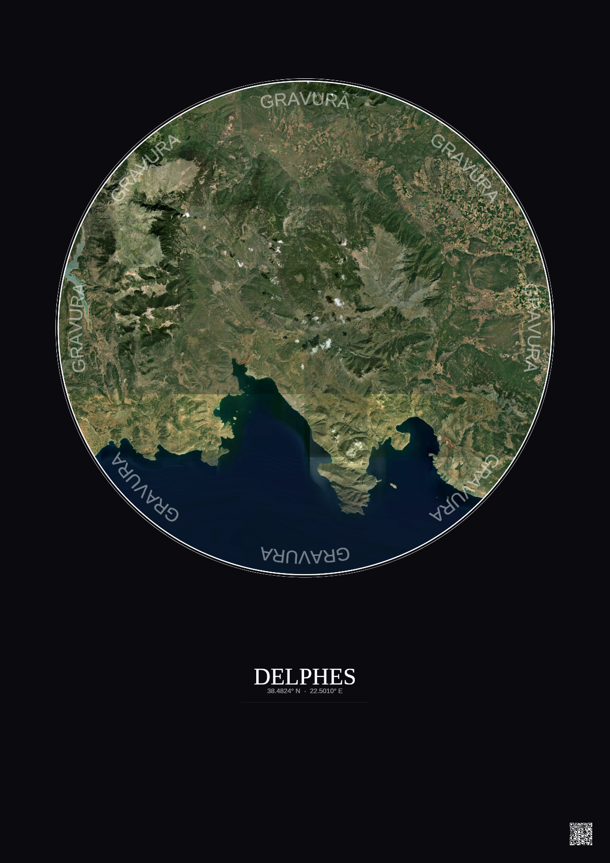 Affiche Delphes – Poster vue satellite 30km Couleur | Gravura – Fond foncé