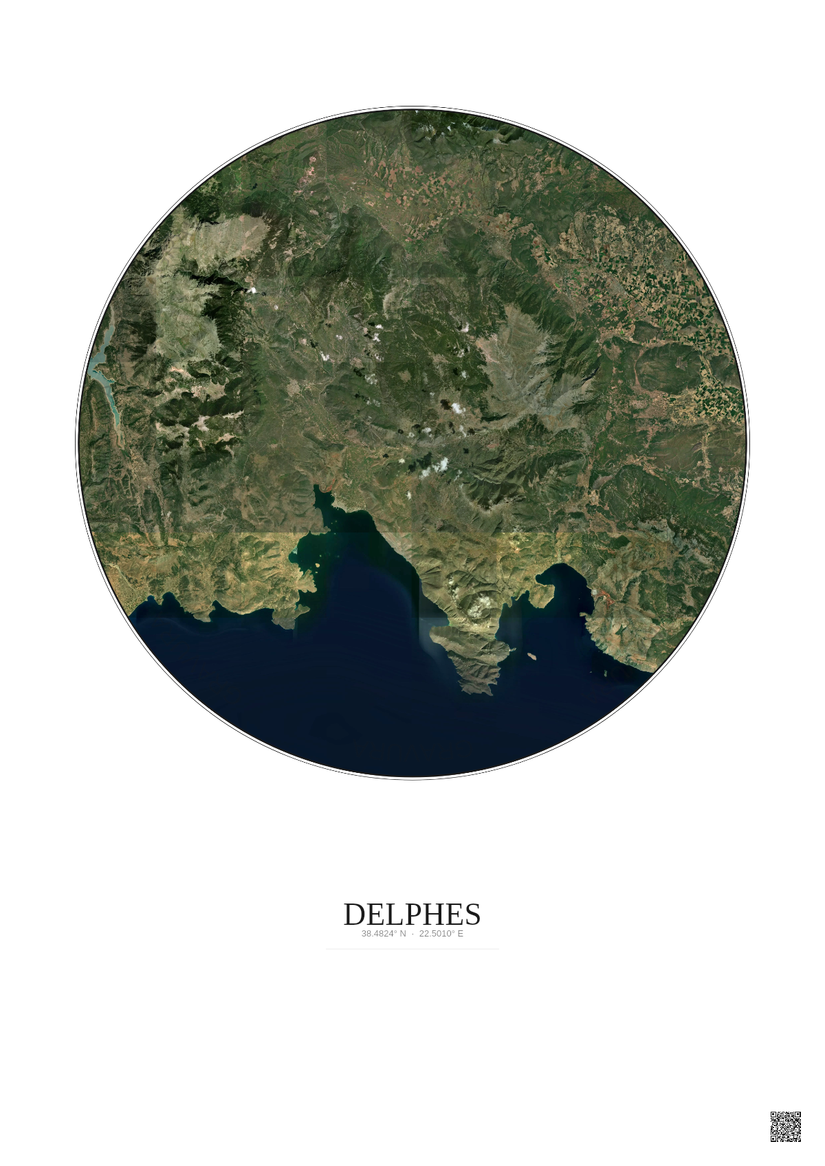Affiche Delphes – Poster vue satellite 30km Couleur | Gravura – Fond clair