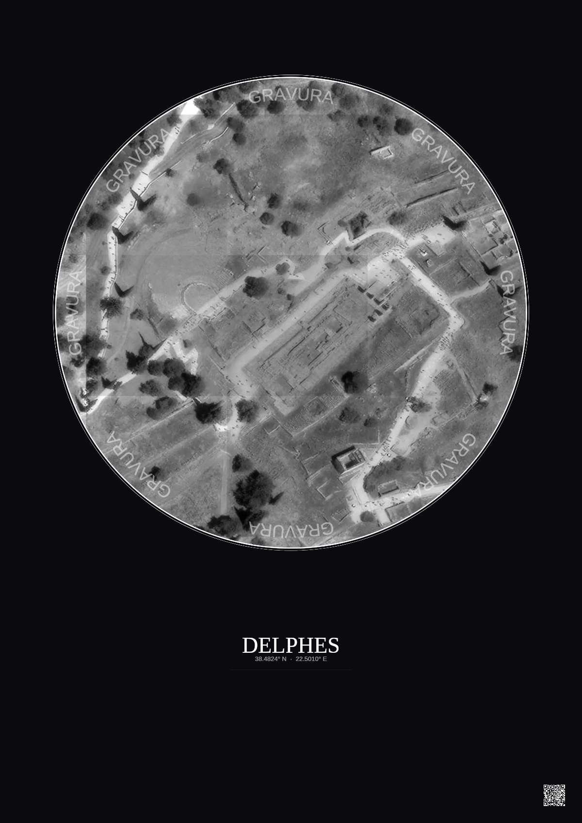 Affiche Delphes – Poster vue satellite 0.1km N&B | Gravura – Fond foncé