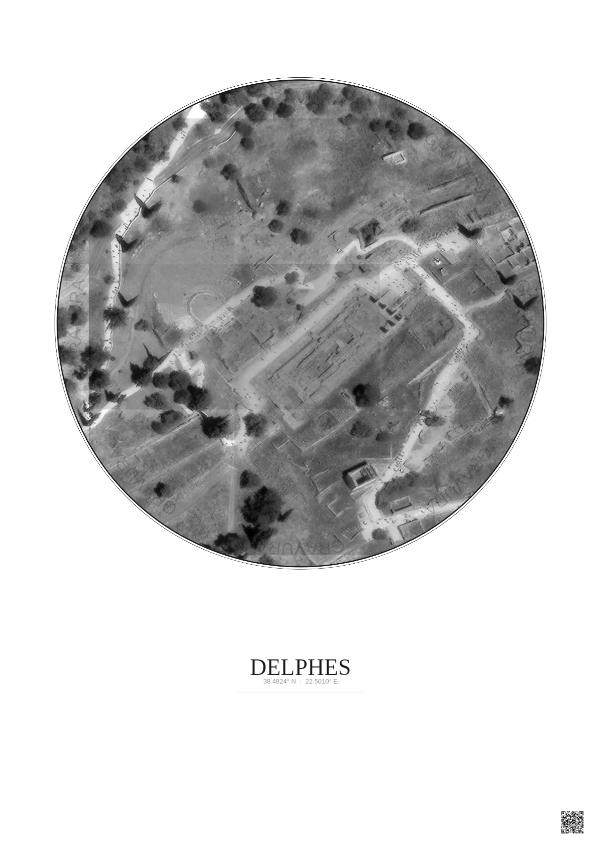 Affiche Delphes – Poster vue satellite 0.1km N&B | Gravura – Fond clair