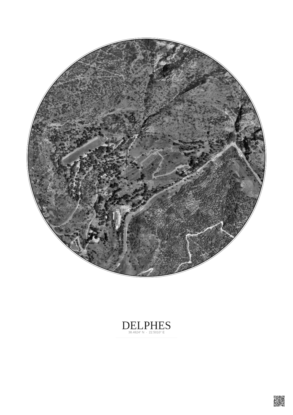 Affiche Delphes – Poster vue satellite 0.5km N&B | Gravura – Fond clair