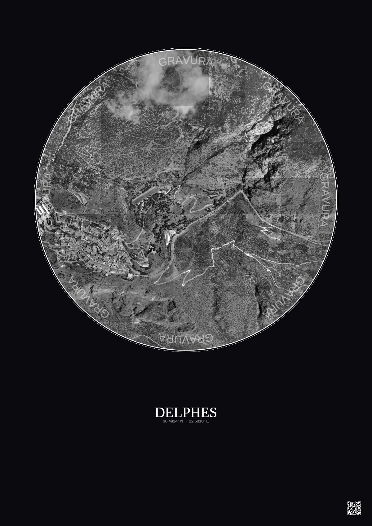 Affiche Delphes – Poster vue satellite 1km N&B | Gravura – Fond foncé