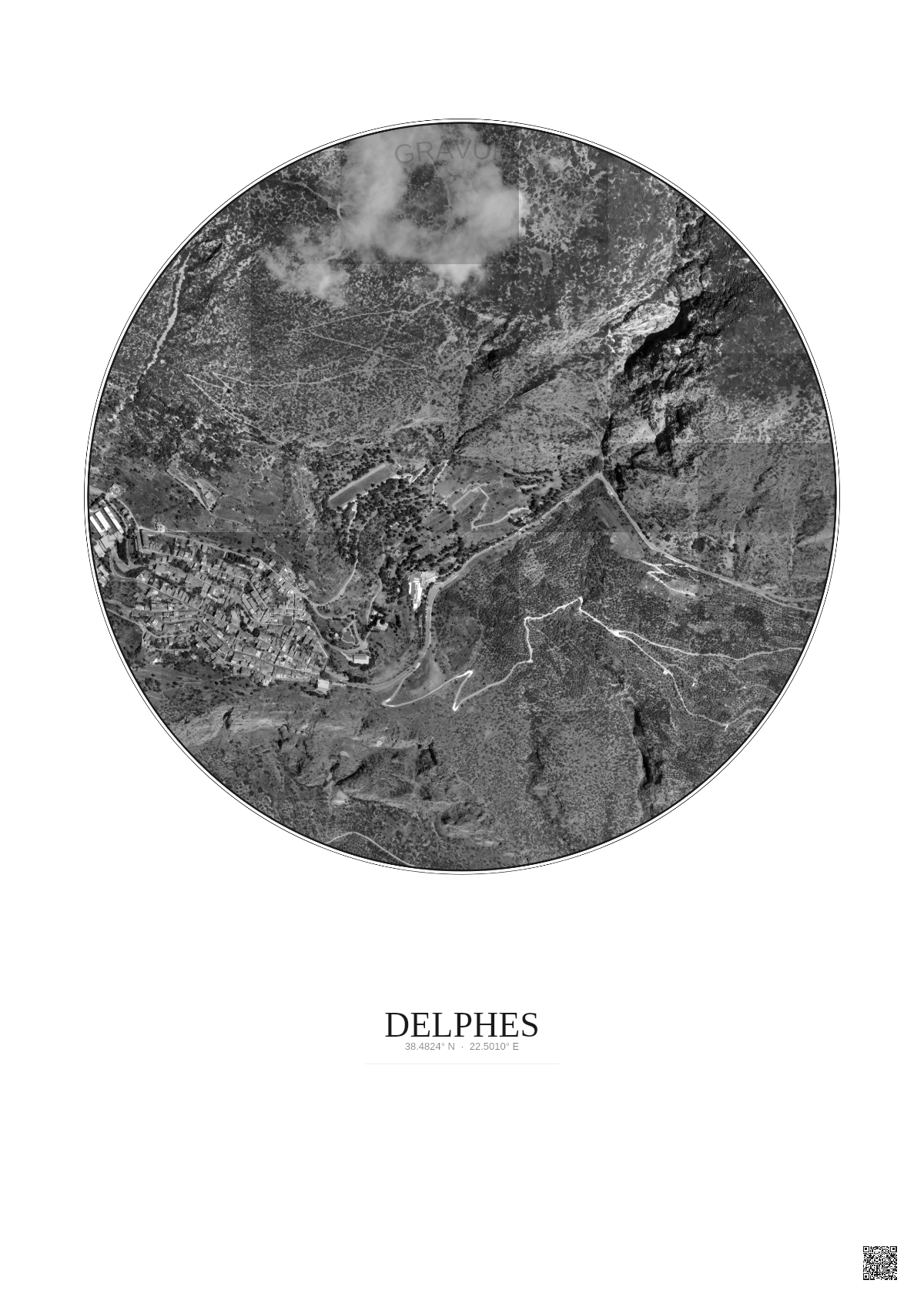 Affiche Delphes – Poster vue satellite 1km N&B | Gravura – Fond clair