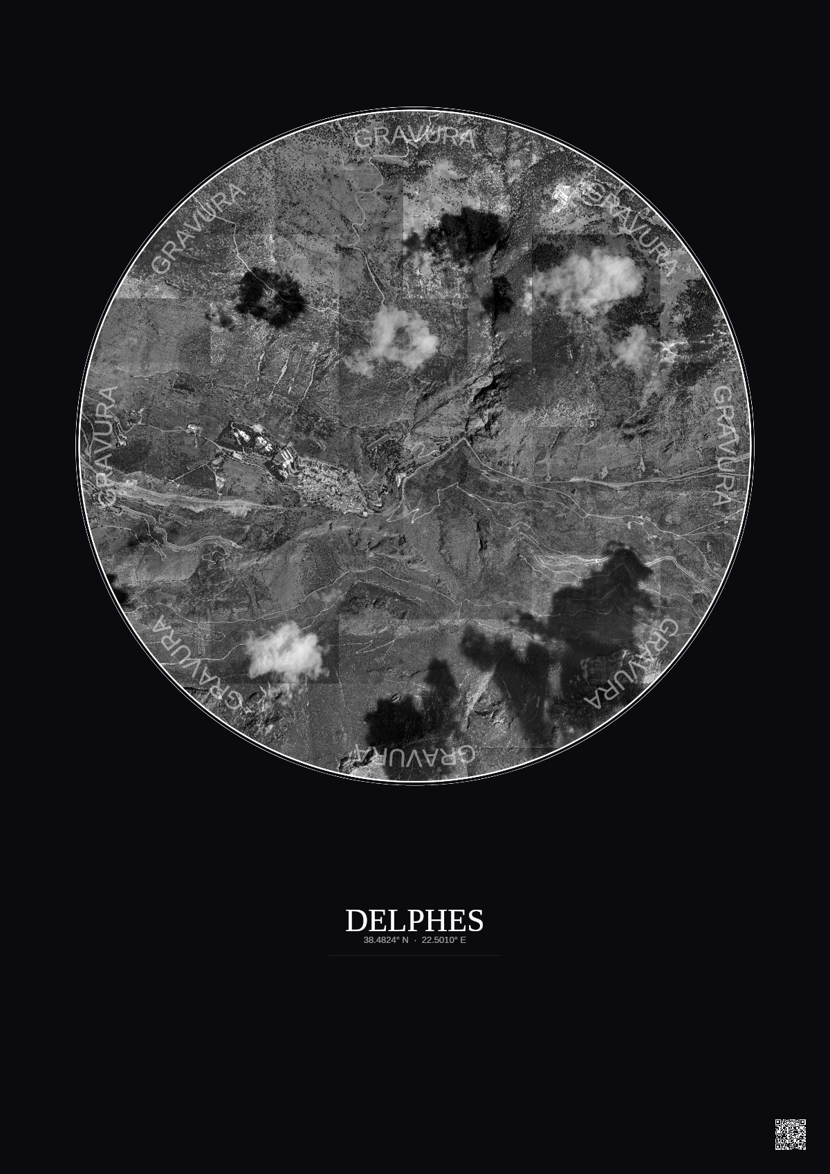 Affiche Delphes – Poster vue satellite 2.5km N&B | Gravura – Fond foncé