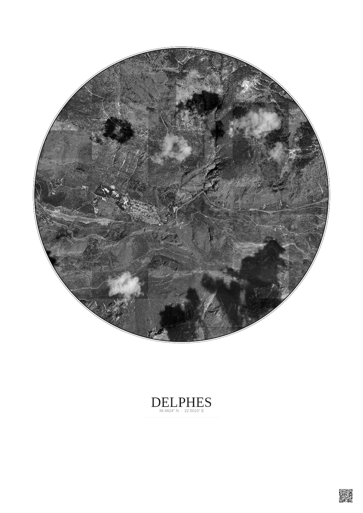 Affiche Delphes – Poster vue satellite 2.5km N&B | Gravura – Fond clair