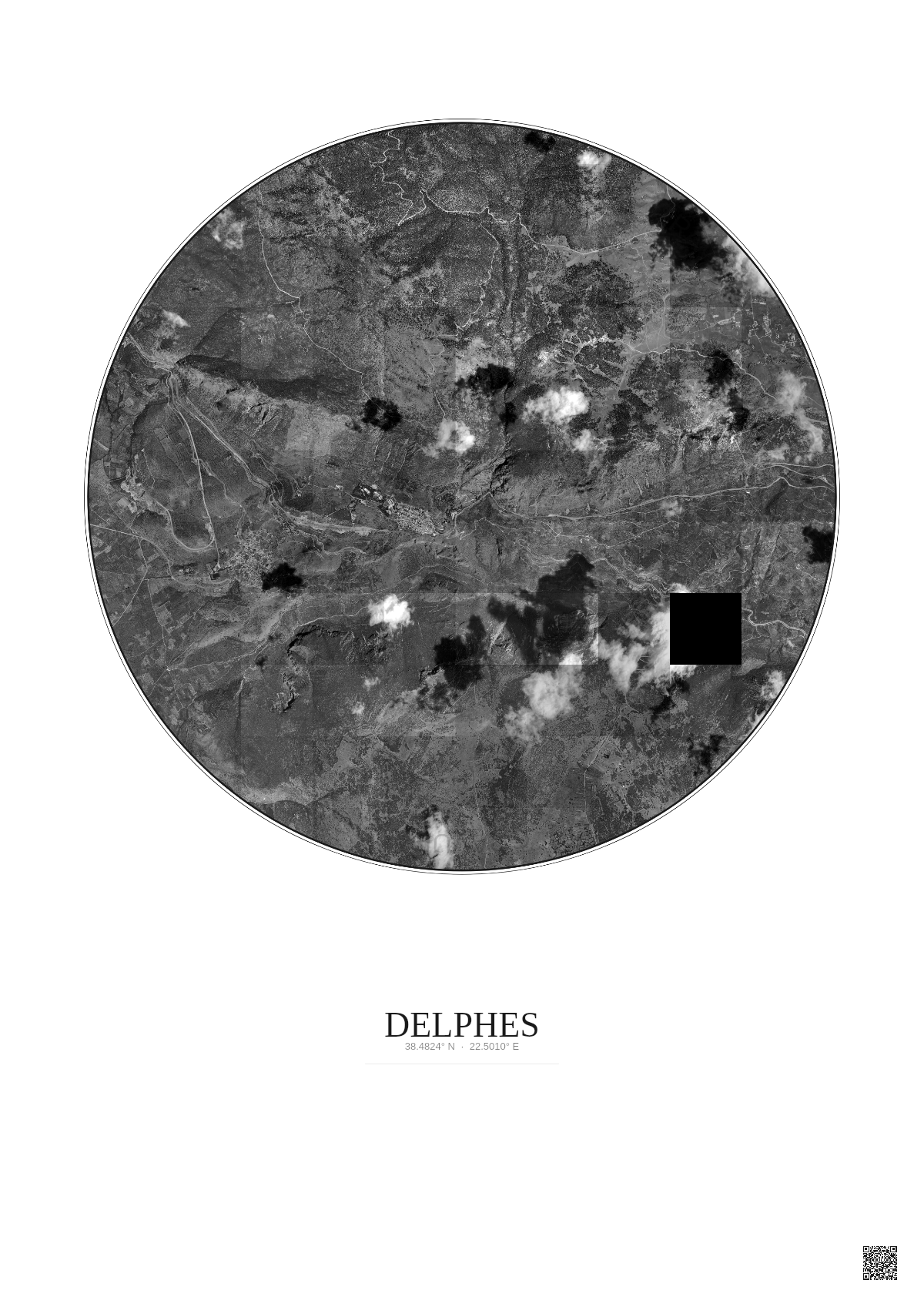 Affiche Delphes – Poster vue satellite 5km N&B | Gravura – Fond clair