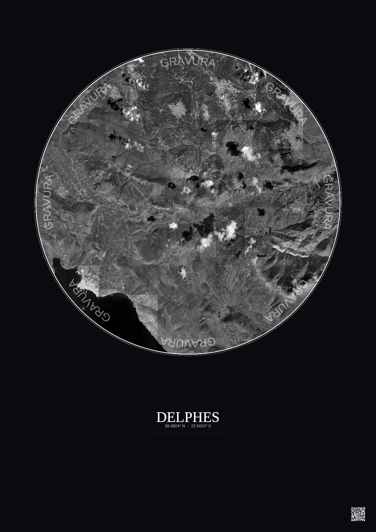 Affiche Delphes – Poster vue satellite 10km N&B | Gravura – Fond foncé