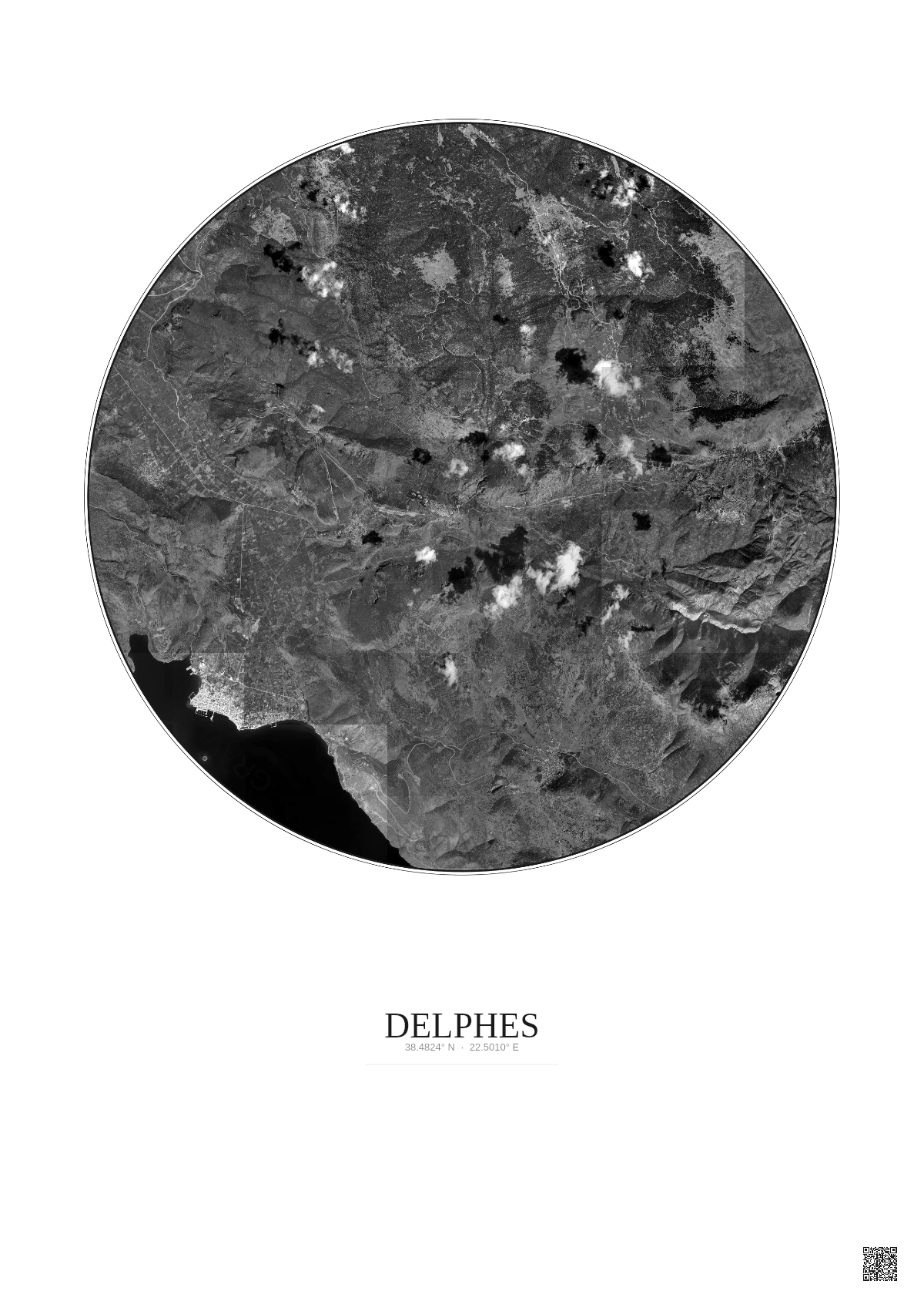 Affiche Delphes – Poster vue satellite 10km N&B | Gravura – Fond clair