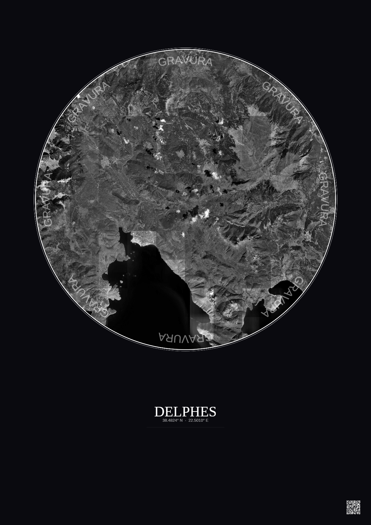 Affiche Delphes – Poster vue satellite 20km N&B | Gravura – Fond foncé
