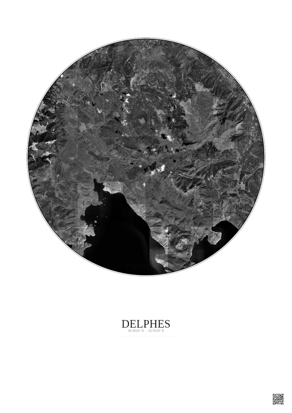 Affiche Delphes – Poster vue satellite 20km N&B | Gravura – Fond clair
