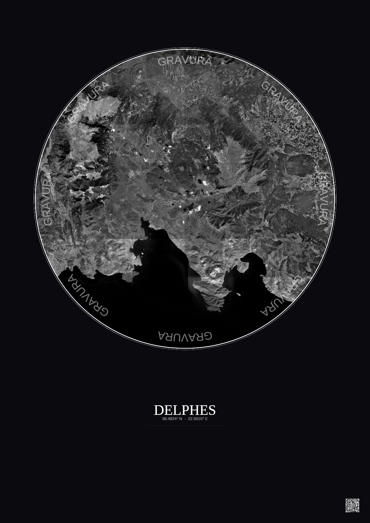Affiche Delphes – Poster vue satellite 30km N&B | Gravura – Fond foncé
