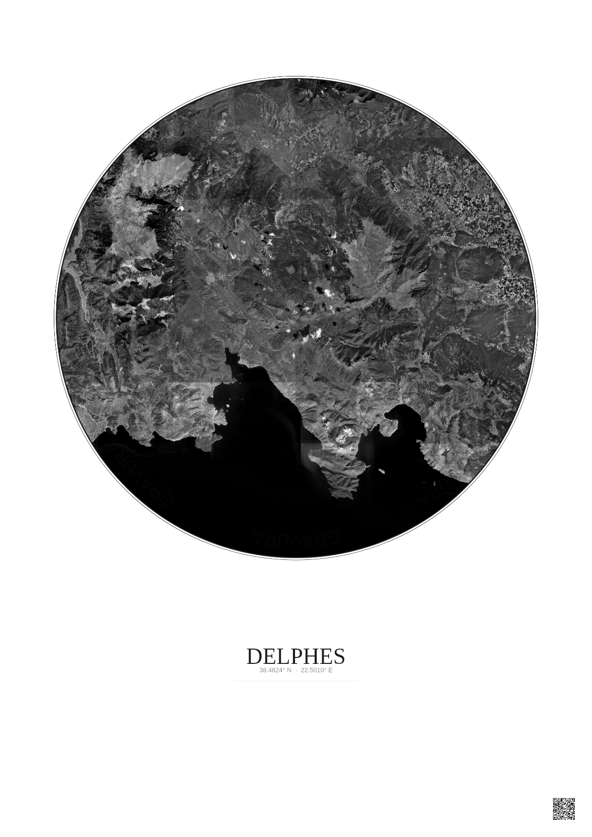 Affiche Delphes – Poster vue satellite 30km N&B | Gravura – Fond clair