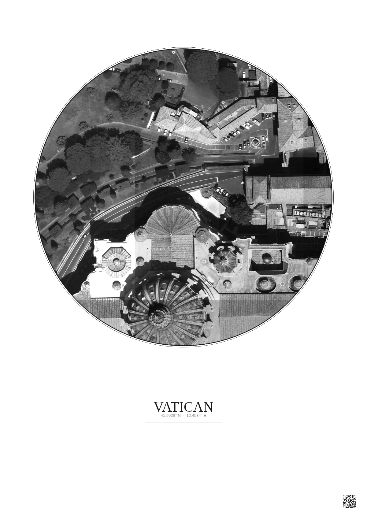 Affiche Vatican – Poster vue satellite 0.1km N&B | Gravura – Fond clair