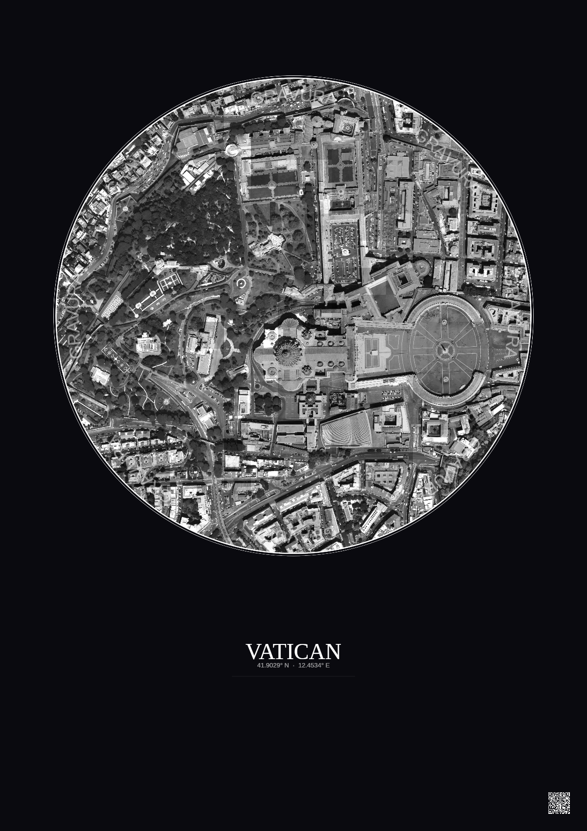 Affiche Vatican – Poster vue satellite 0.5km N&B | Gravura – Fond foncé