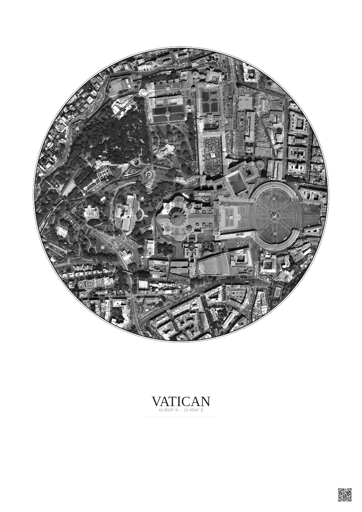 Affiche Vatican – Poster vue satellite 0.5km N&B | Gravura – Fond clair