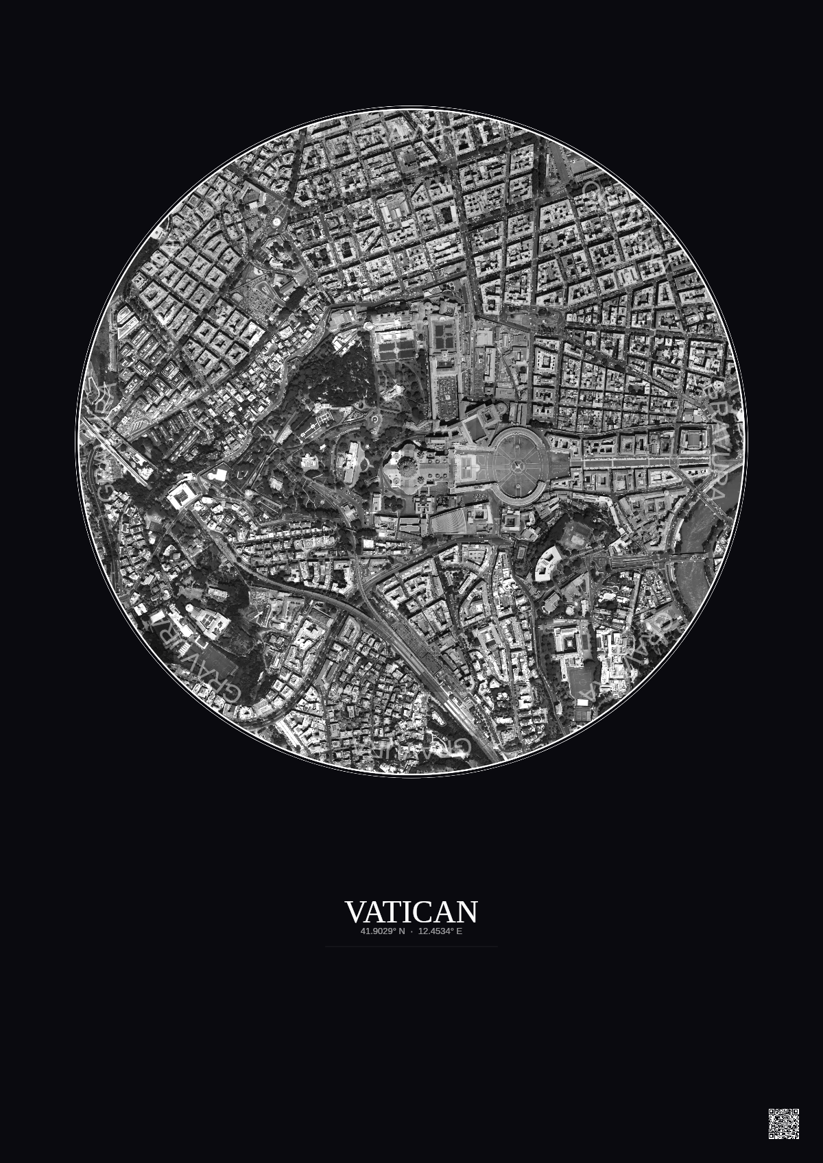 Affiche Vatican – Poster vue satellite 1km N&B | Gravura – Fond foncé