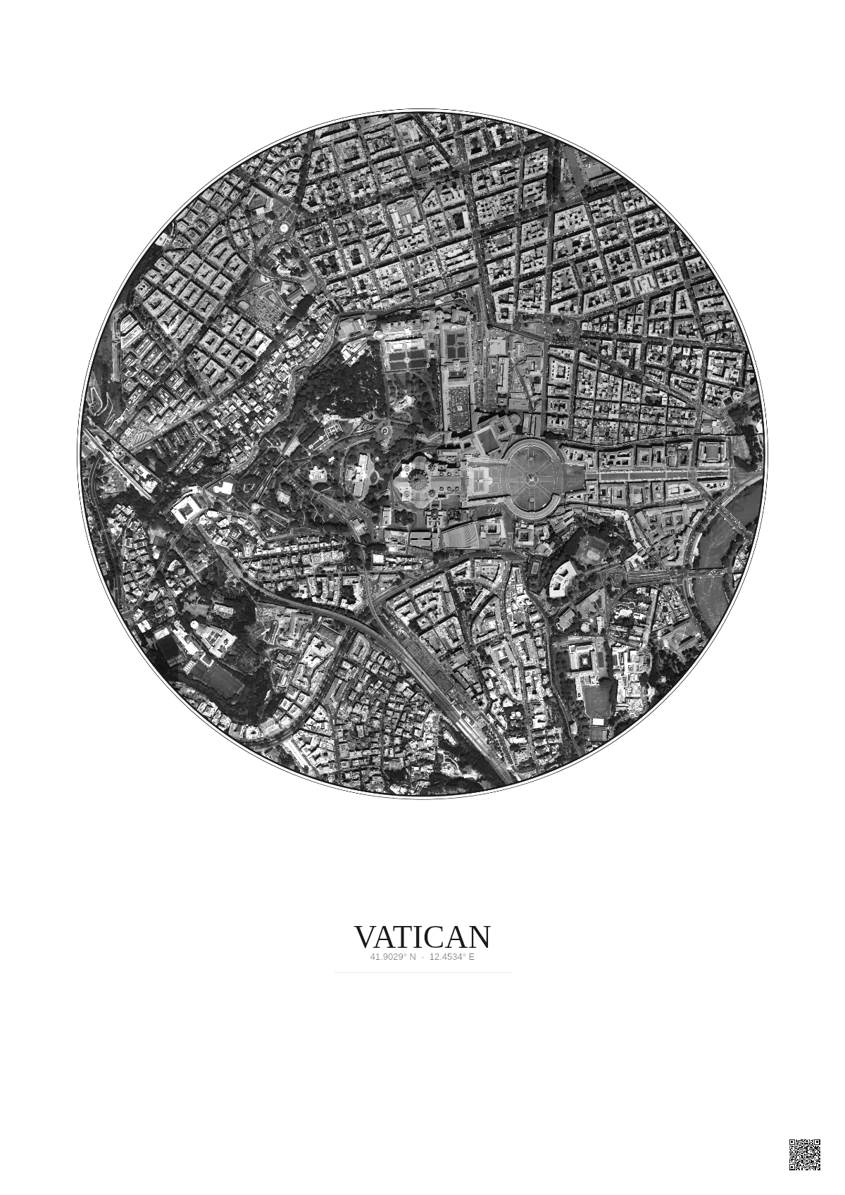 Affiche Vatican – Poster vue satellite 1km N&B | Gravura – Fond clair