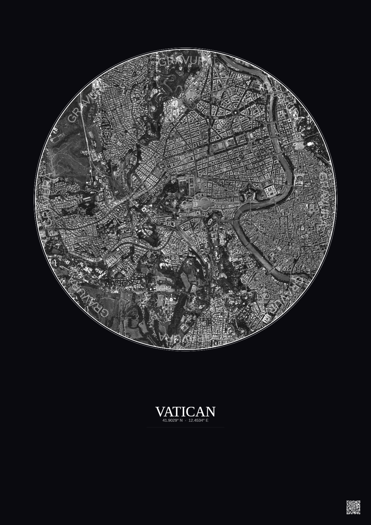 Affiche Vatican – Poster vue satellite 2.5km N&B | Gravura – Fond foncé