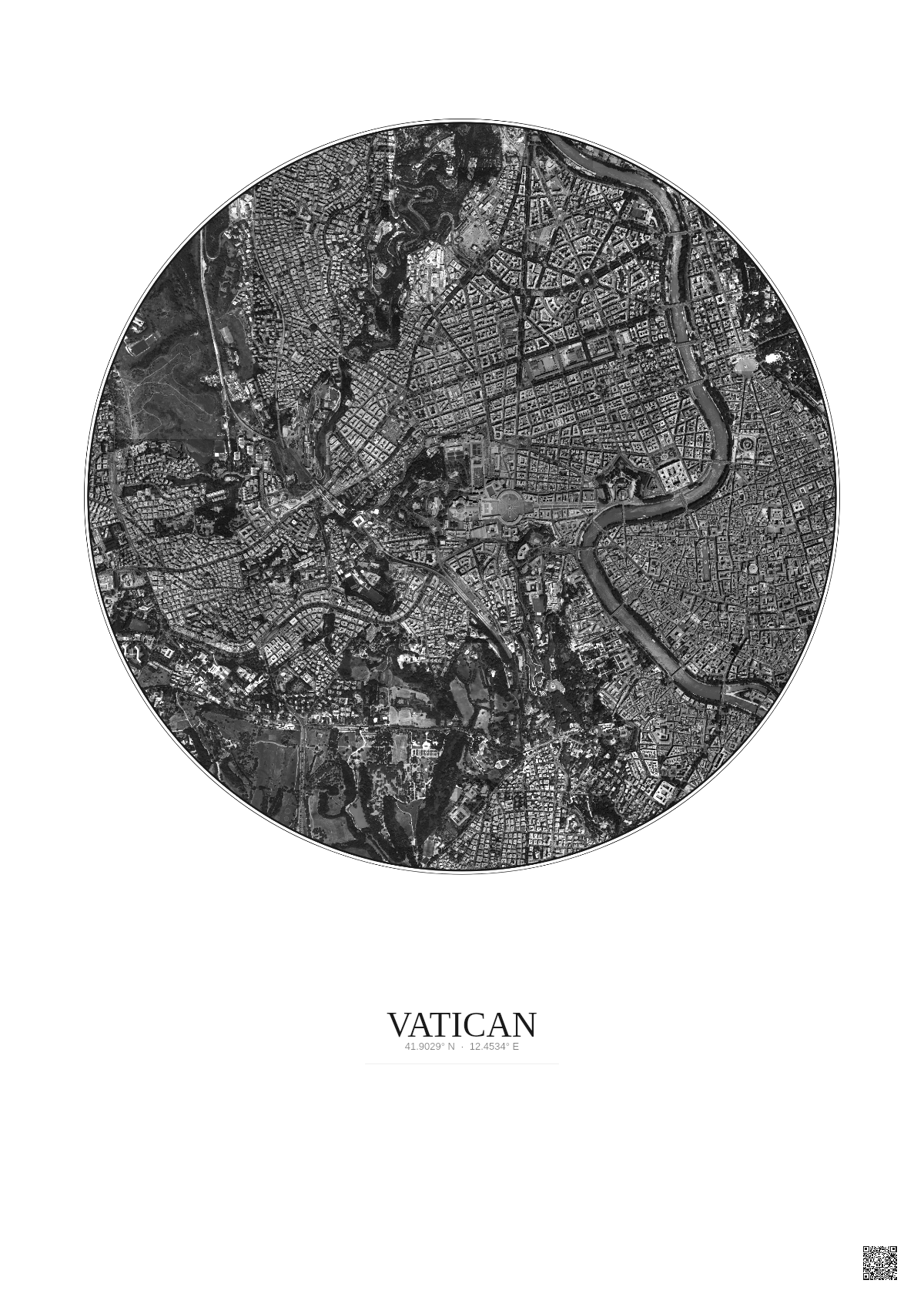 Affiche Vatican – Poster vue satellite 2.5km N&B | Gravura – Fond clair